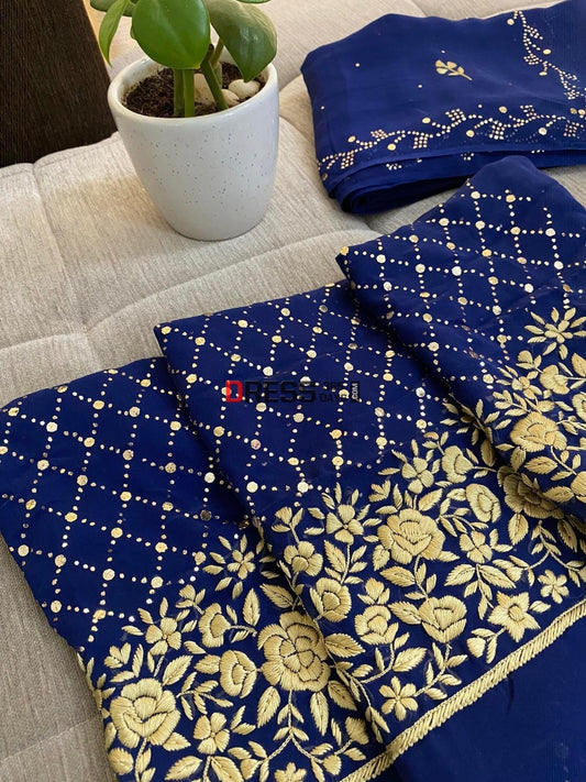 Navy & Gold Kamdani Parsi Gara Suit Chikankari Suits