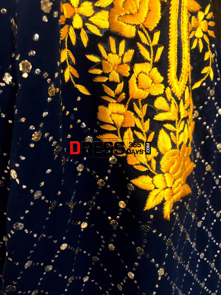 Navy & Golden Yellow Parsi Gara Kamdani Suit Suits