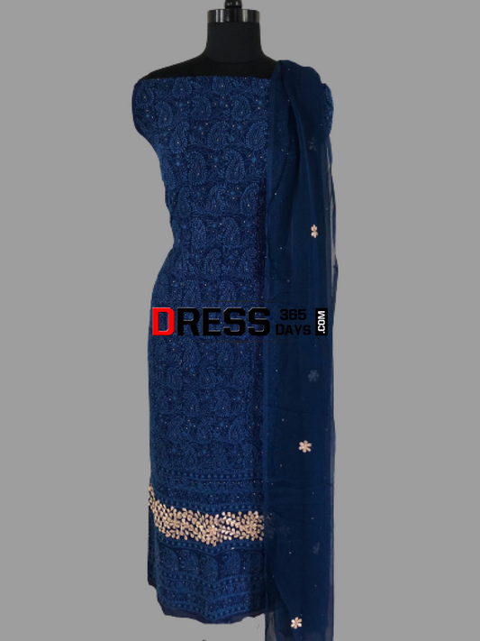 Navy Hand Embroidered Gota Patti Chikankari Suit Suits