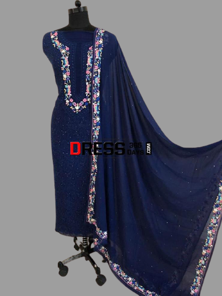 Navy Hand Embroidered Parsi Gara Chikankari Suit