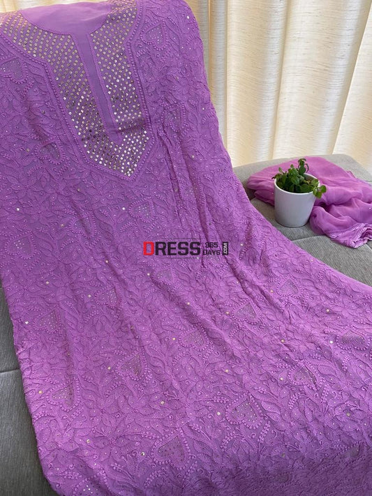 Onion Pink Mukaish Neckline Chikankari Kurta Dupatta Suits