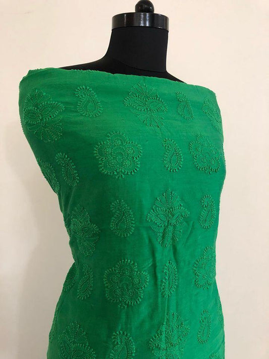 Bottle Green Chanderi Chikan Work Suit (Kurta and Dupatta) - Dress365days