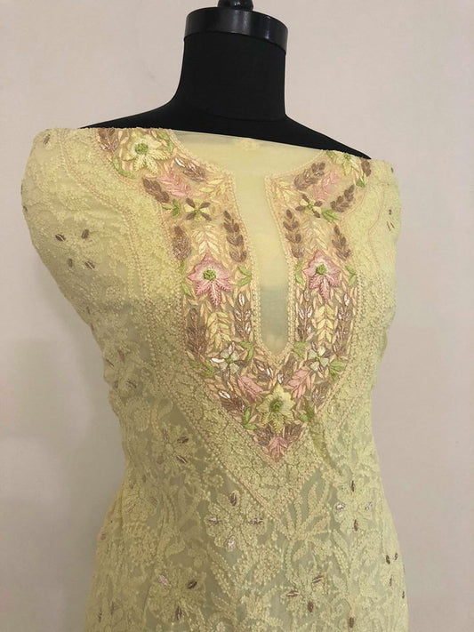 Lemon Yellow Parsi Neckline Chikankari Suit