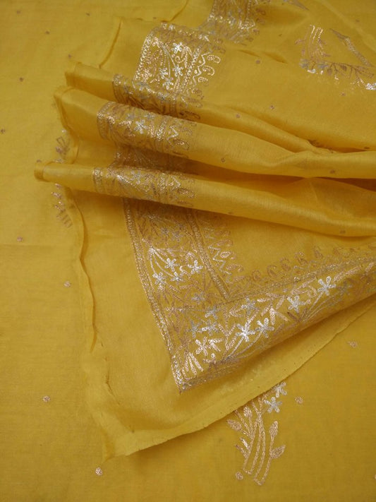 Yellow Aari Work Chanderi Suit (Kurta and Dupatta)