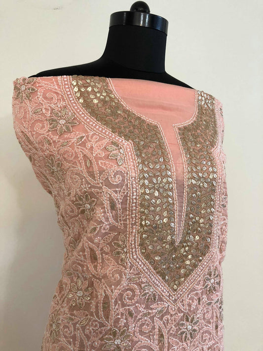 Peach Lucknowi Chikankari Kurta with Gota Patti Neckline (Only Kurta)