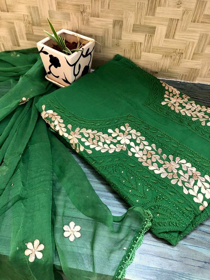 Bottle Green Chikankari Suit with Neckline - Dress365days