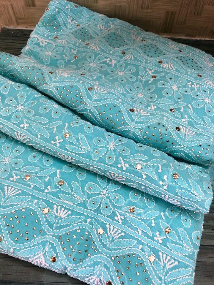 Aqua Green Mukaish Lucknowi Chikan Suit - Dress365days