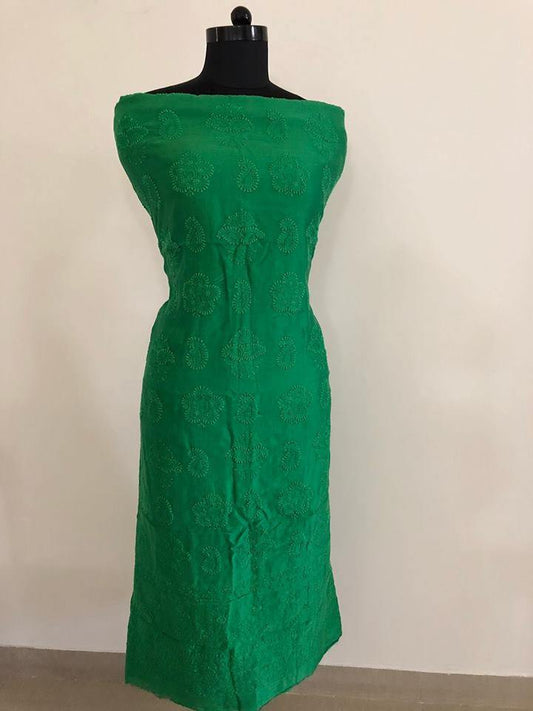 Bottle Green Chanderi Chikan Work Suit (Kurta and Dupatta) - Dress365days