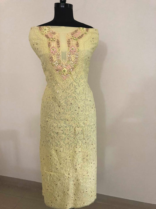 Lemon Yellow Parsi Neckline Chikankari Suit