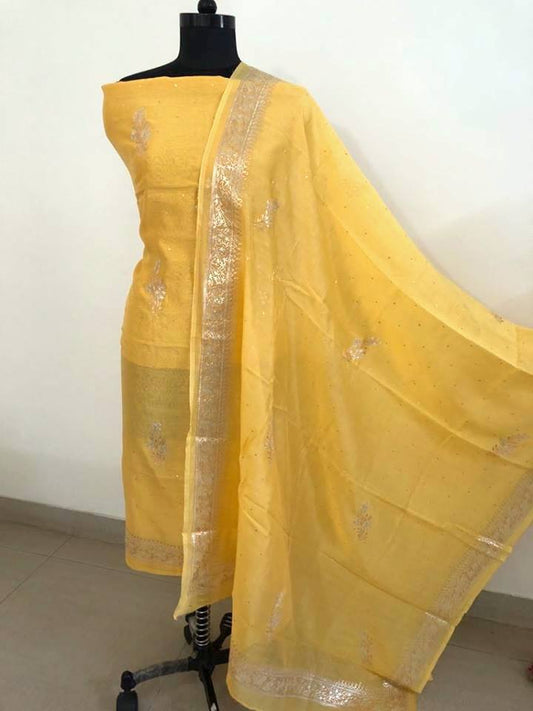 Yellow Aari Work Chanderi Suit (Kurta and Dupatta)