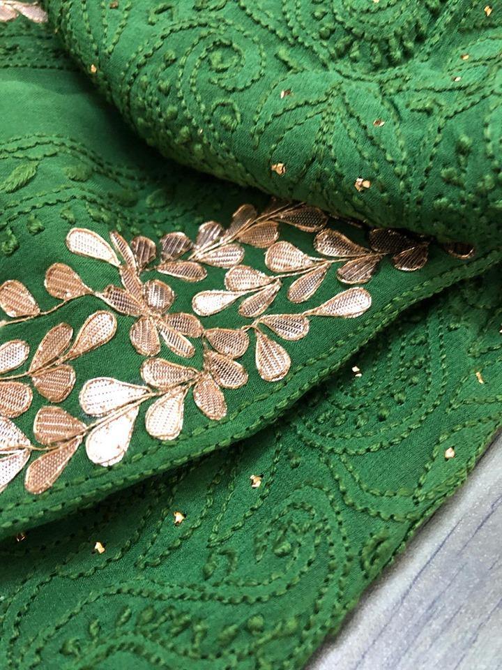 Bottle Green Chikankari Suit with Neckline - Dress365days