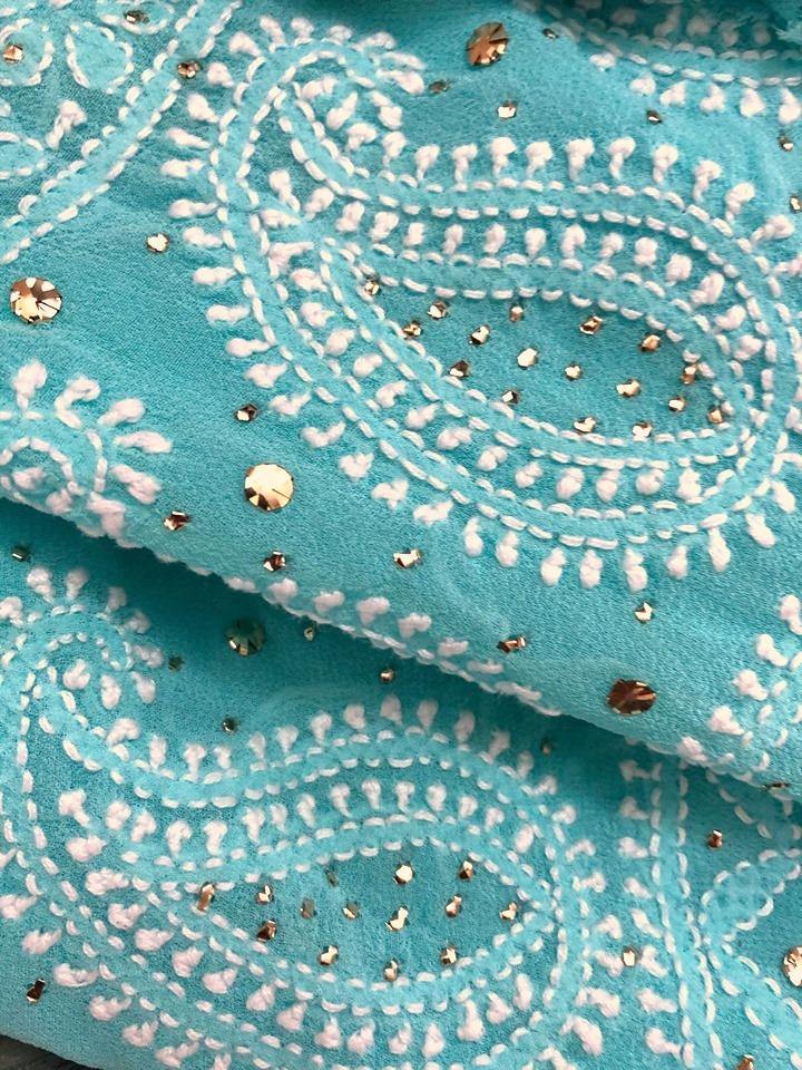 Aqua Green Mukaish Lucknowi Chikan Suit - Dress365days