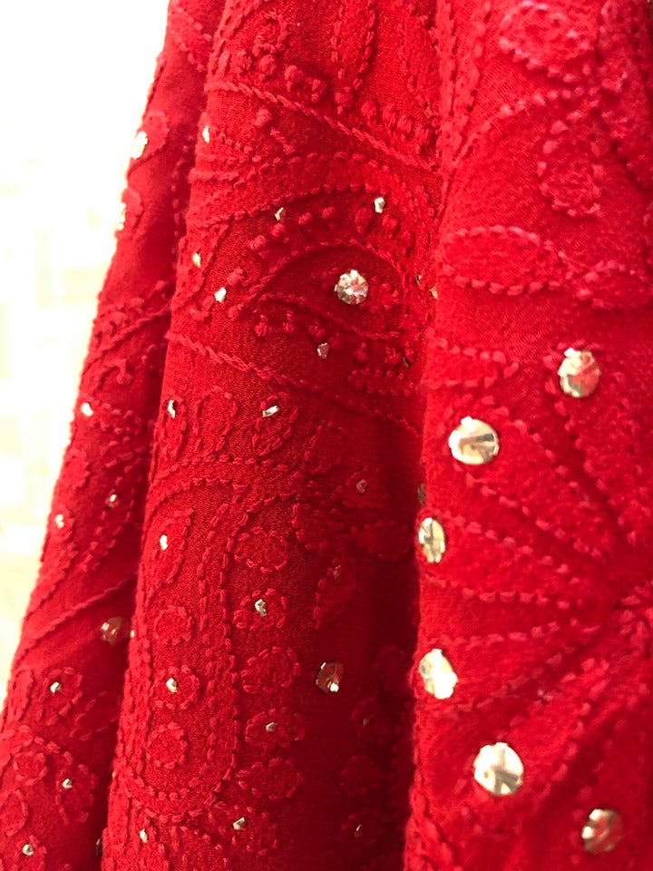 Red Chikankari Kurti Fabric with Mukaish Work