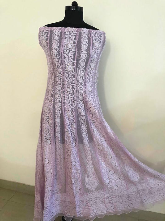 Lilac Net Chikankari Anarkali Suit with Mukaish (Anarkali and Dupatta)