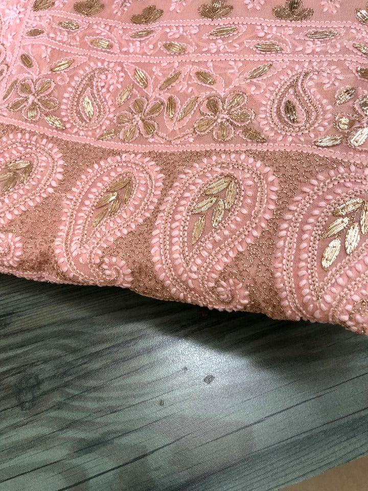 Peach Chikan Gota Patti Saree