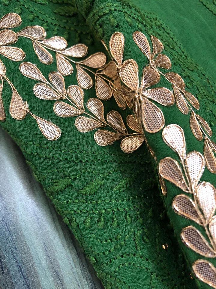 Bottle Green Chikankari Suit with Neckline - Dress365days