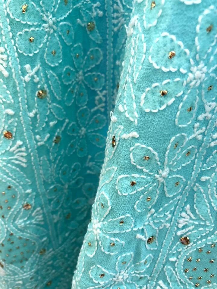 Aqua Green Mukaish Lucknowi Chikan Suit - Dress365days