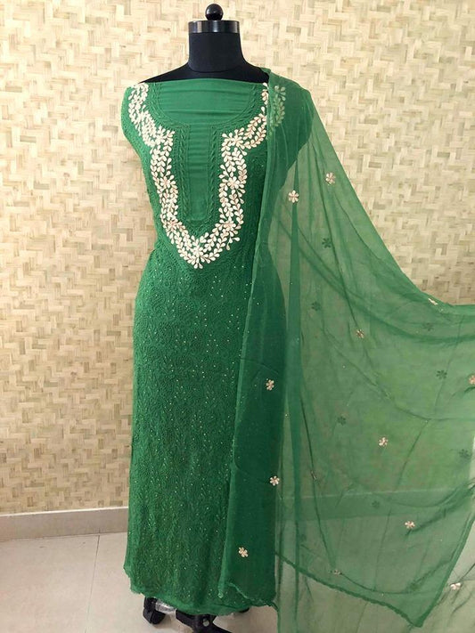 Bottle Green Chikankari Suit with Neckline - Dress365days