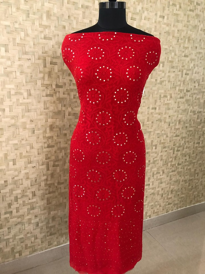 Red Chikankari Kurti Fabric with Mukaish Work