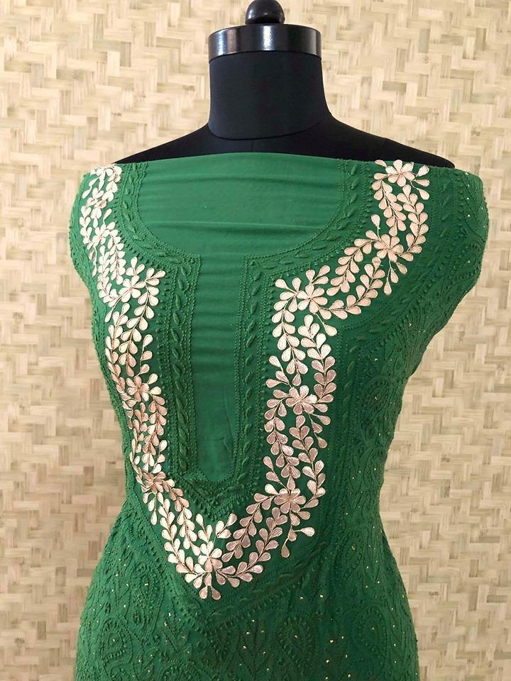 Bottle Green Chikankari Suit with Neckline - Dress365days