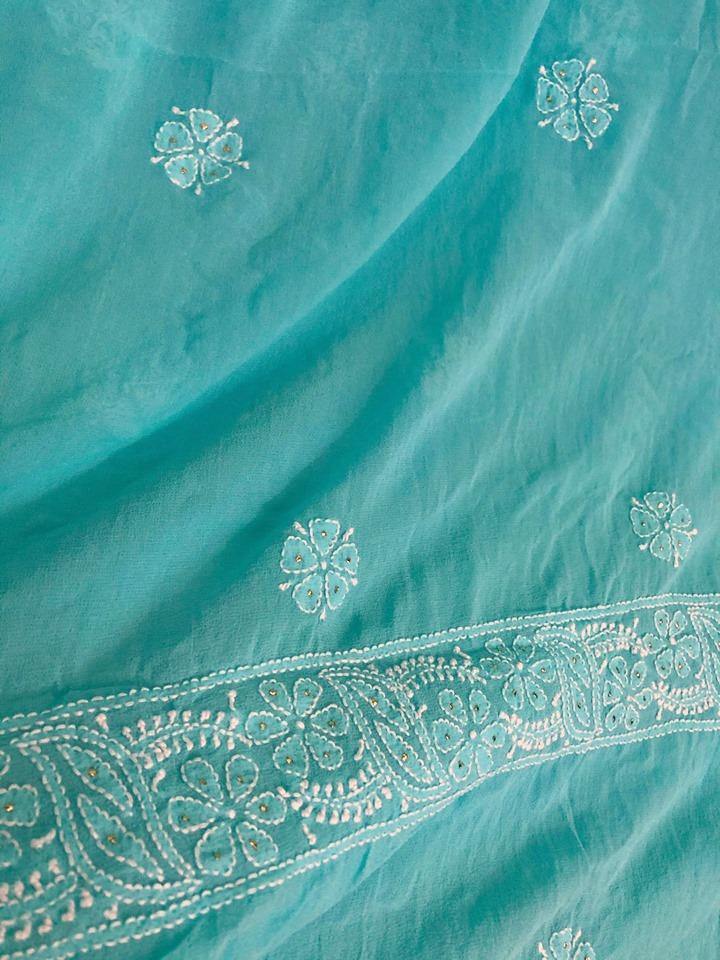 Aqua Green Mukaish Lucknowi Chikan Suit - Dress365days