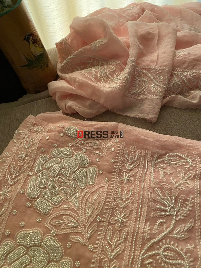 Pastel Pink Pearl & Chikankari Suit Suits