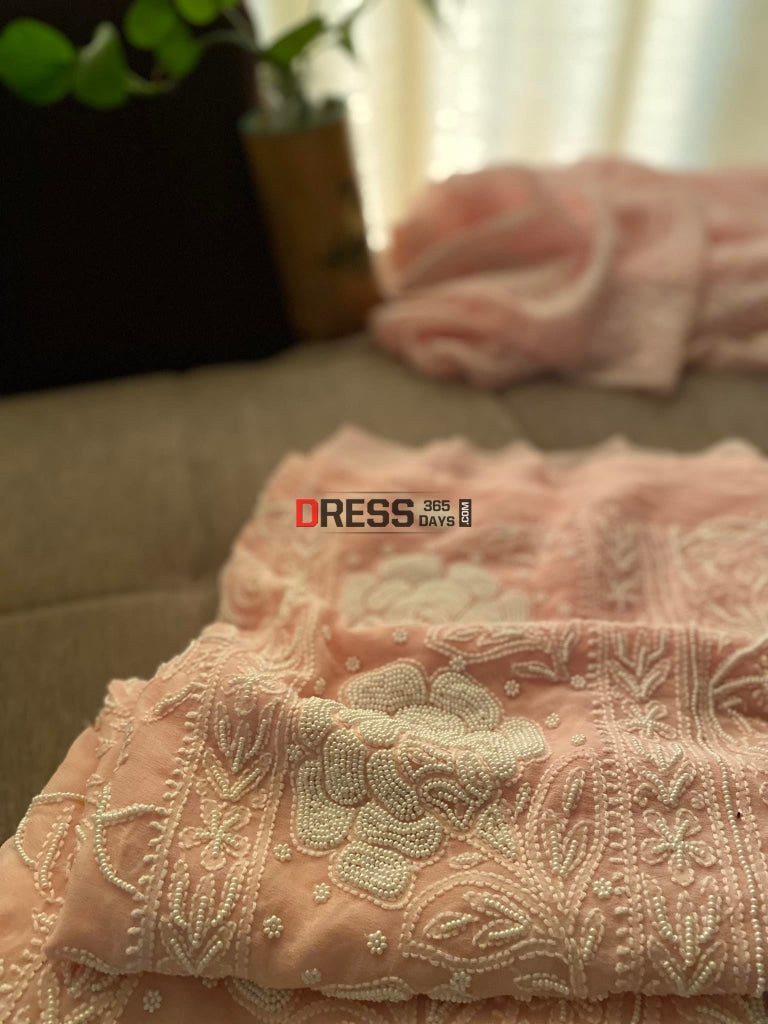 Pastel Pink Pearl & Chikankari Suit Suits