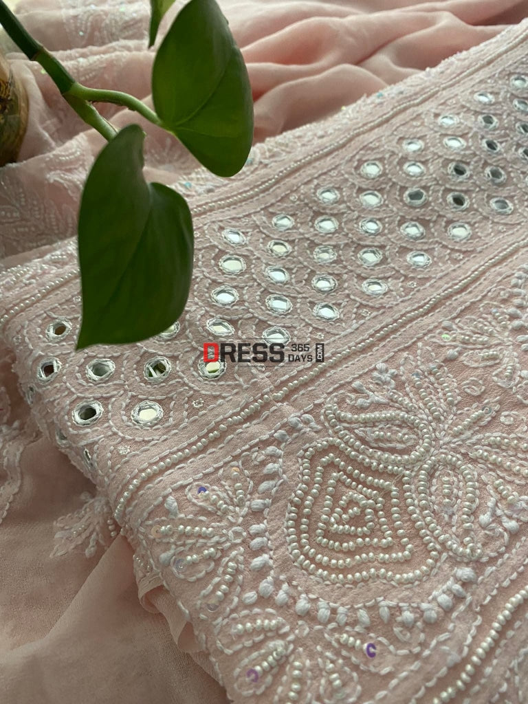 Pastel Pink Pearl Mirror Chikankari Suit Suits