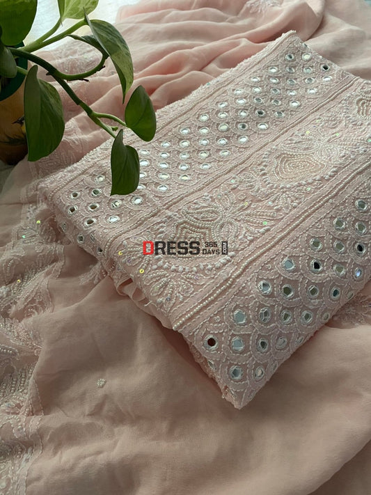 Pastel Pink Pearl Mirror Chikankari Suit Suits