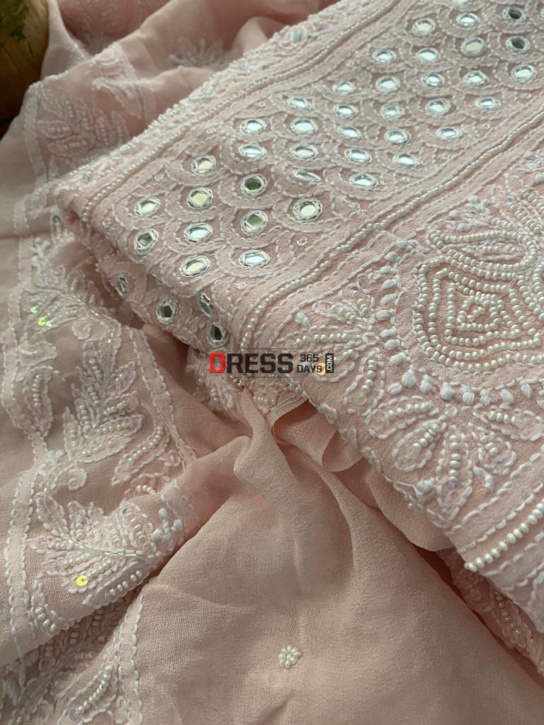 Pastel Pink Pearl Mirror Chikankari Suit Suits