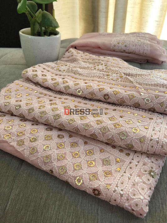 Pastel Pink Ring Mukaish Lucknowi Kurta Dupatta Set Chikankari Suits