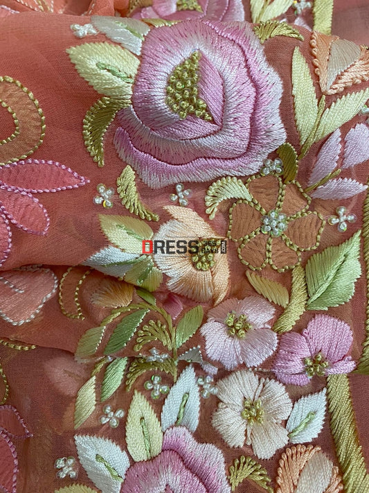 Peach All Over Multicolour Chikankari Parsi Gara Suit Suits