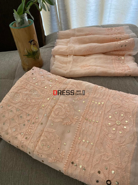 Peach Chikankari & Mukaish Kurta Dupatta Set Suits