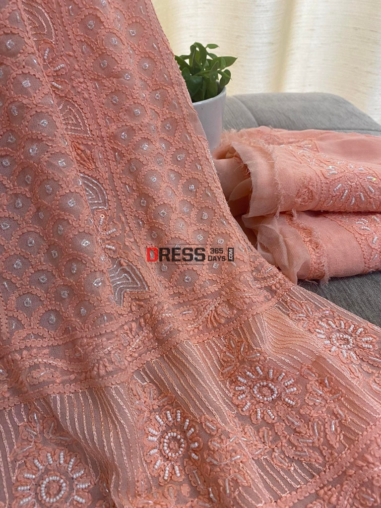 Peach Chikankari & Pearl Kurta Dupatta Set Suits