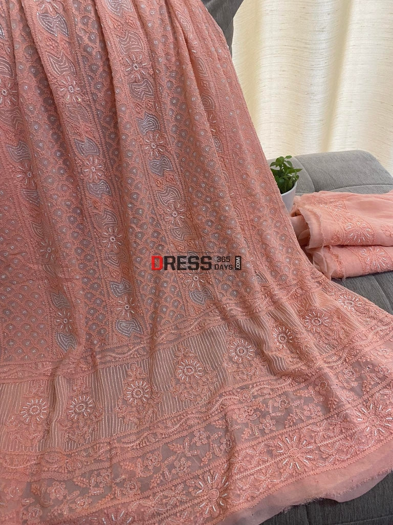 Peach Chikankari & Pearl Kurta Dupatta Set Suits