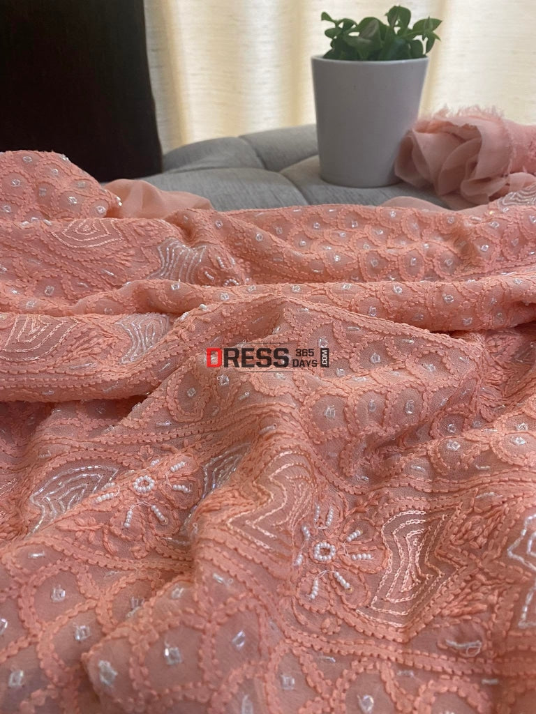 Peach Chikankari & Pearl Kurta Dupatta Set Suits