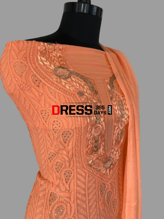 Peach Georgette Mukaish Chikankari Suit Suits