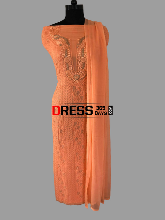 Peach Georgette Mukaish Chikankari Suit Suits