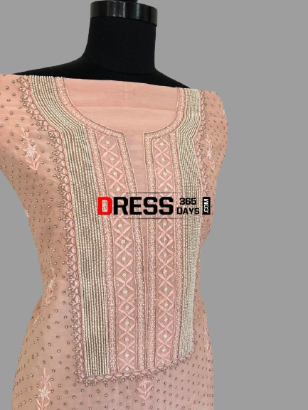 Peach Pure Chanderi Silk Chikankari Suit with Beads Work - Dress365days