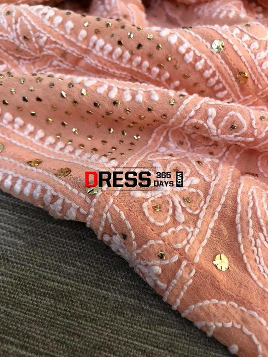 Peach Yoke Mukaish Chikankari Anarkali