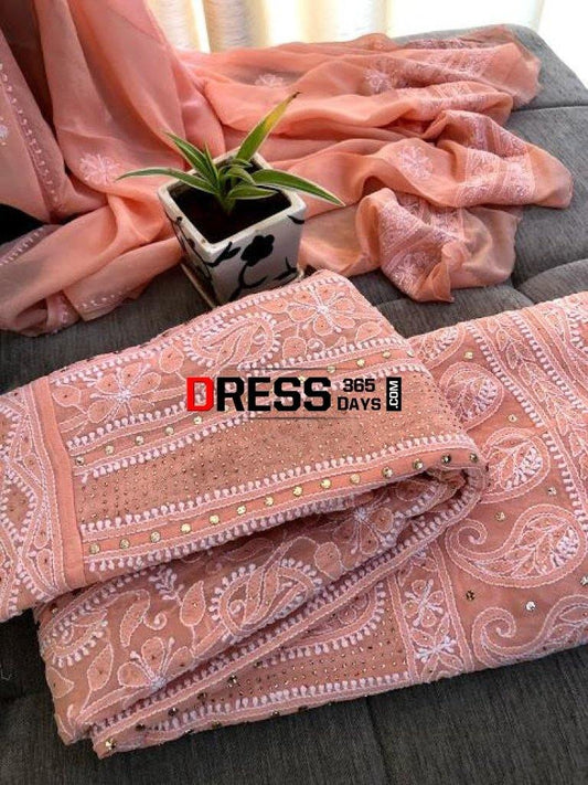 Peach Yoke Mukaish Chikankari Anarkali