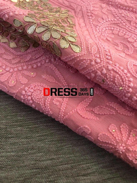 Peachish Pink Pure Georgette Gota Patti Chikankari Suit Suits