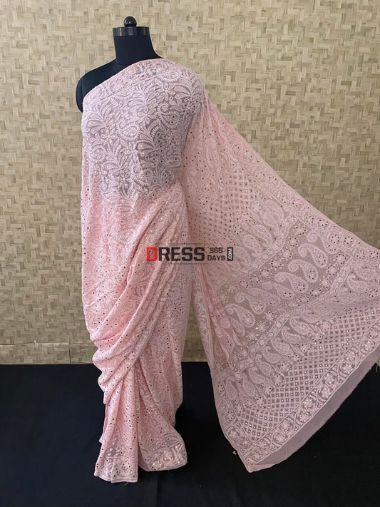 Peachy Pink Lucknowi Chikankari Mukaish Saree