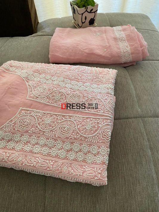 Peachy Pink Pearl Lucknowi Chikankari Suit Suits