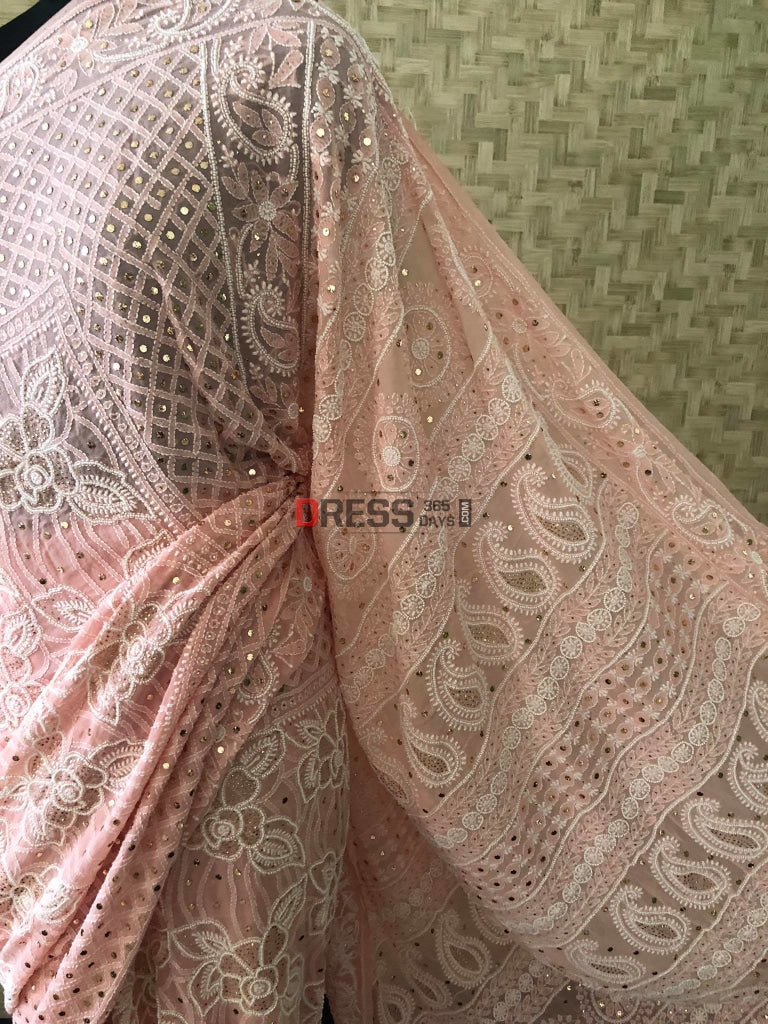 Pearl Beads And Mukaish Work Chikankari Saree