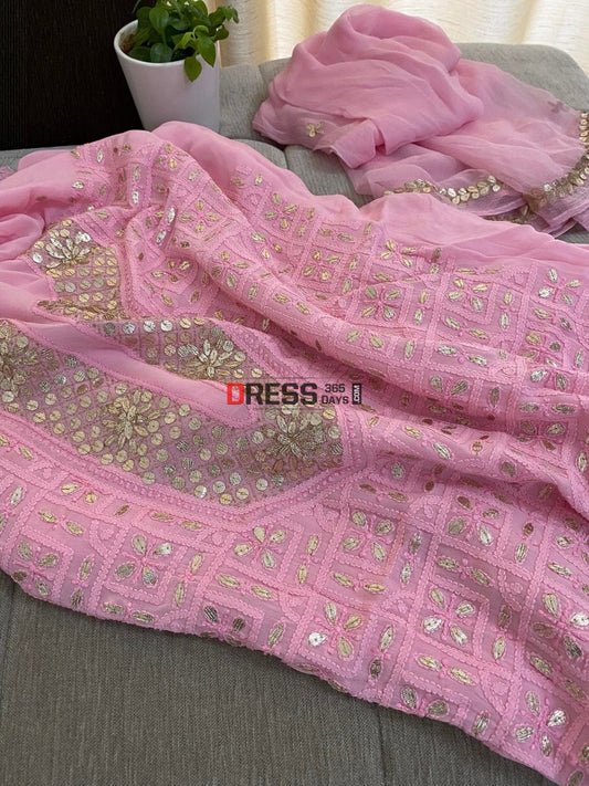 Pink Chikankari Gota Patti Neckline Kurta Dupatta Set Suits