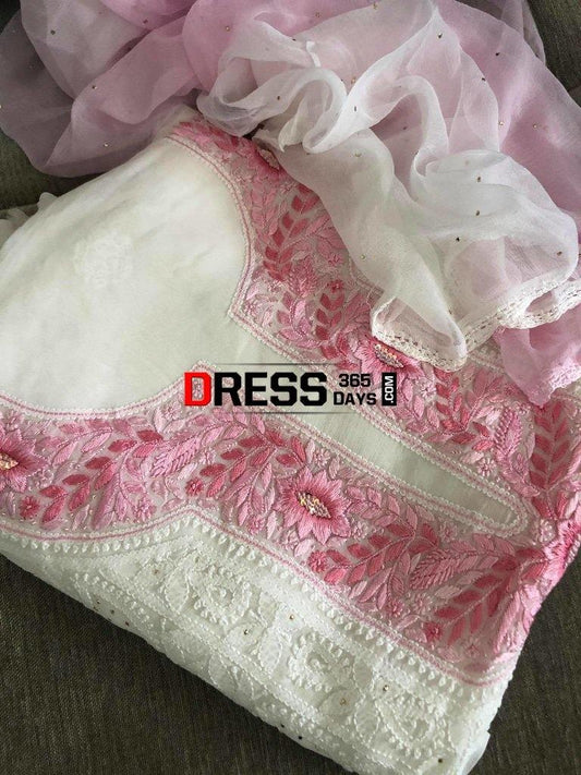 Pink Neckline Georgette Chikankari Suit Suits