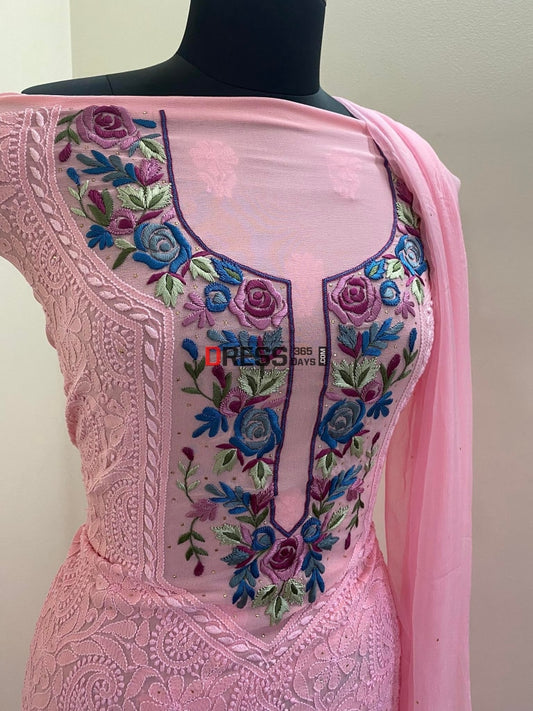 Pink Parsi Gara Neckline Chikankari Suit Suits