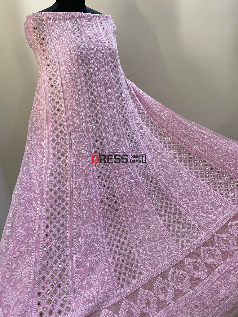 Pink Pearl & Mirror Lucknowi Anarkali Suit Chikankari