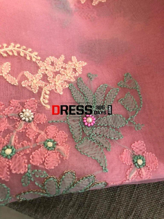 Pink Pure Organza Chikankari & Beads Suit Suits